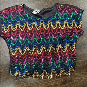 Rare Vintage Rio Blouse Sequin Zig Zag Top‎ - Multicolored Festival Shirt - Med